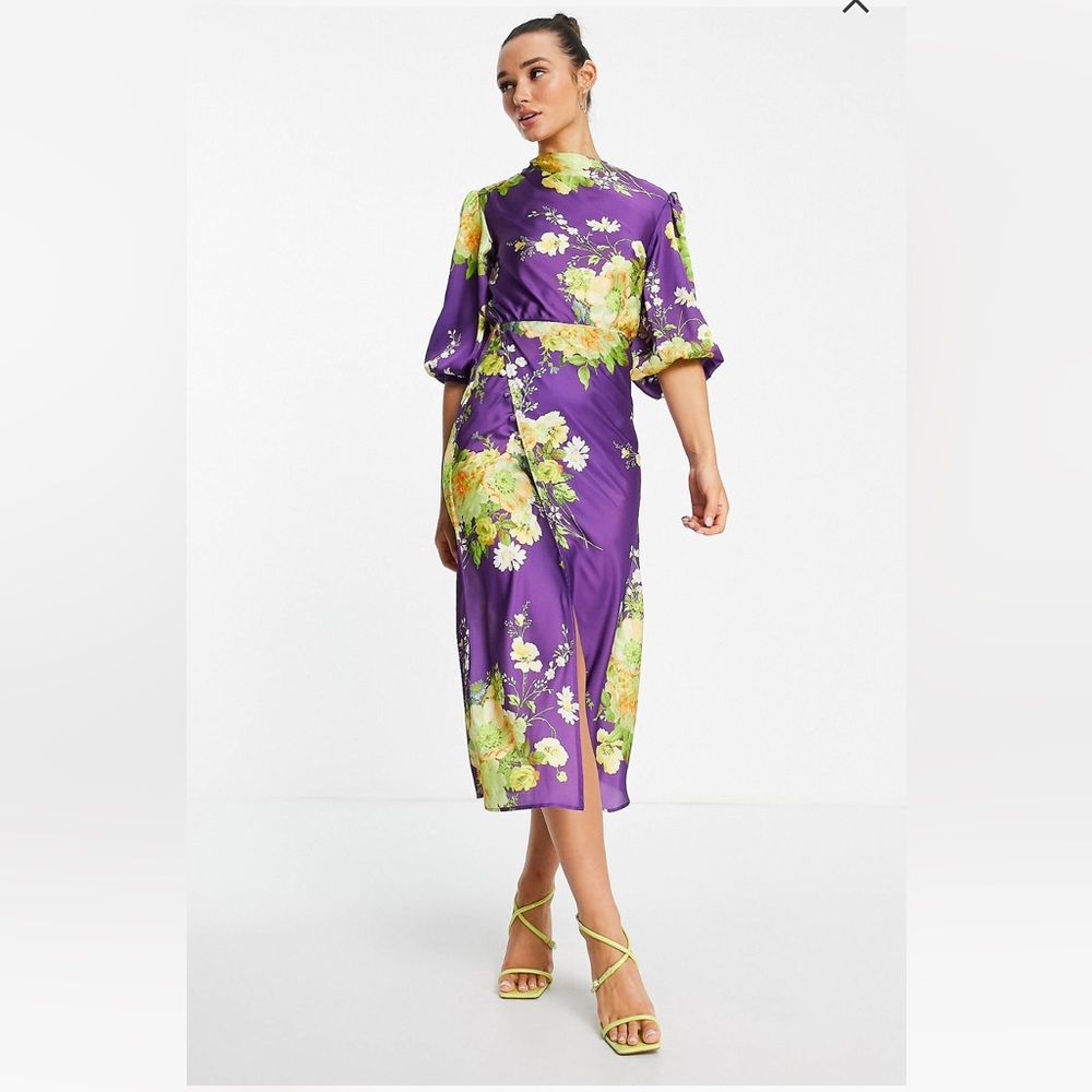 ASOS Satin Midi Dress with Puff Sleeve